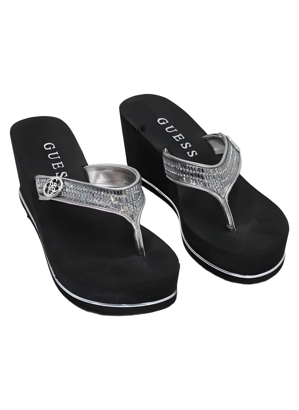 GUESS Sarraly Eva Logo Disco Rhinestone Platform Wedge Sandals Size 10M